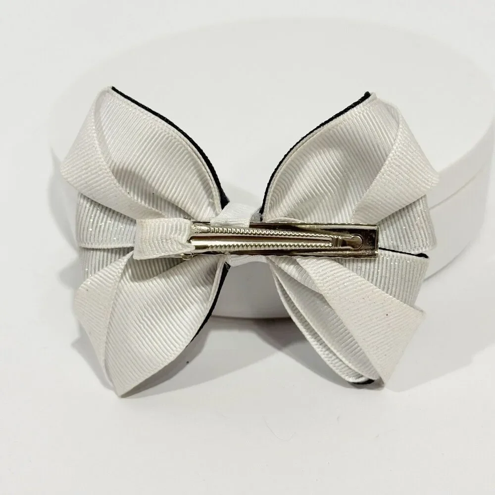 Hair Bow Clip Hairpin For Girls White And Blue Polka Dot New